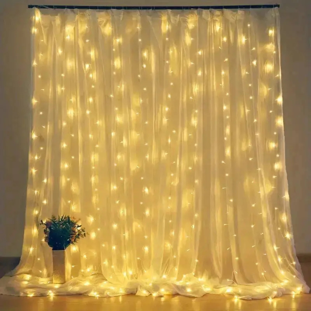 Cortina com LEDs e Controle Remoto - 8 Modos de Luz - Para Decoração de Ambientes e Eventos