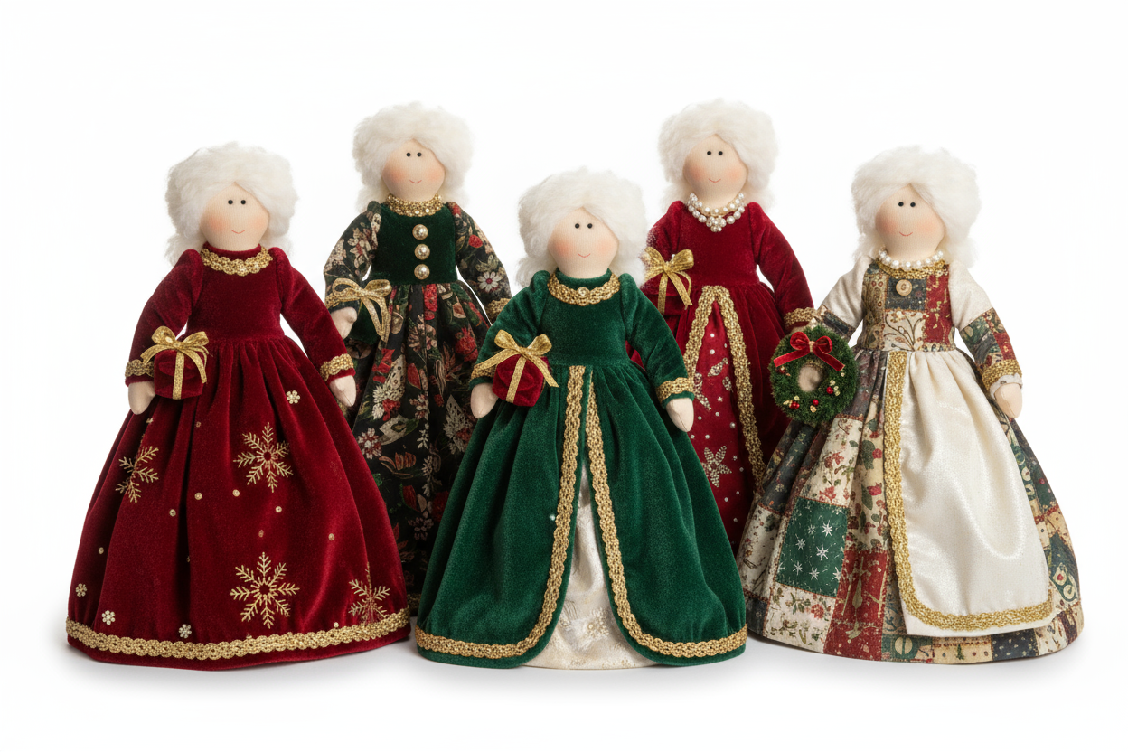 Crie uma imagem realista de bonecos natalinos colecionáveis expostos para venda em uma loja online.
Mostre os bonecos centralizados sobre um fundo branco puro (#ffffff), com iluminação de estúdio suave e sombras leves.
Inclua variações de personagens natalinos de pano, Mamãe Noel, todos com acabamento artesanal.
Os trajes devem ter cores natalinas (vermelho, verde, dourado e branco), com detalhes em veludo, lã, cetim ou brilho metálico.
Destaque a textura, as