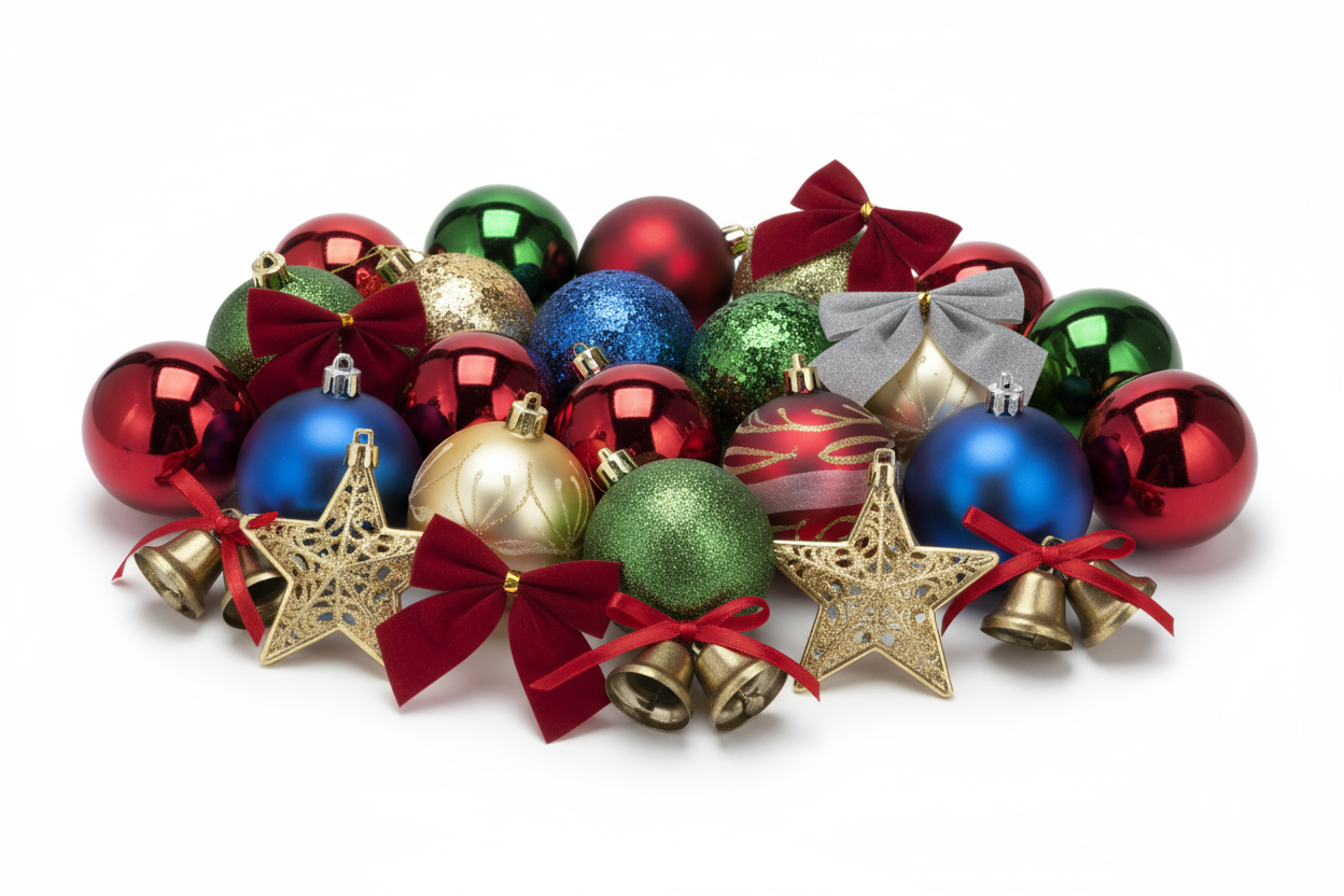 Crie uma imagem realista de enfeites de Natal expostos para venda em uma loja online. Mostre um conjunto de bolas decorativas, laços, estrelas e pequenos sinos, dispostos de forma organizada e visualmente atraente sobre fundo branco puro. Use iluminação de estúdio suave para destacar o brilho metálico, o reflexo das superfícies e as texturas dos materiais (vidro, tecido, metal). O estilo deve ser de fotografia de produto com foco nítido, cores vivas e sombras sutis, ideal para catálogo de e-commerce.