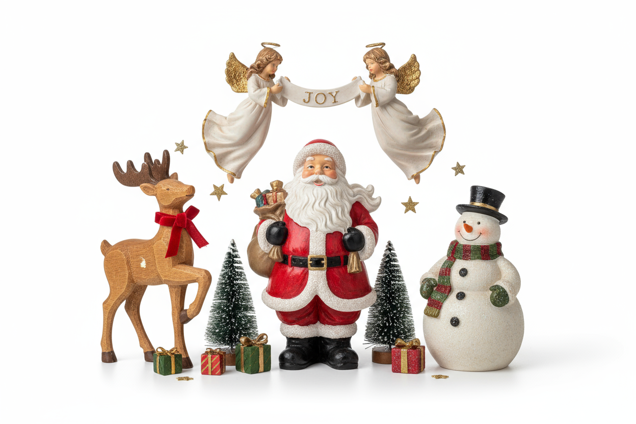 Crie uma imagem realista de figuras natalinas expostas para venda em uma loja online. Mostre um conjunto com personagens típicos do Natal, como Papai Noel, renas, bonecos de neve e anjos, dispostos de forma harmoniosa sobre um fundo branco puro. Use iluminação de estúdio suave que destaque as cores, brilhos e texturas dos materiais (cerâmica, resina, tecido ou madeira). O estilo deve ser de fotografia de produto, com foco nítido, sombras leves e aspecto limpo, ideal para catálogo de e-commerce e campanhas d