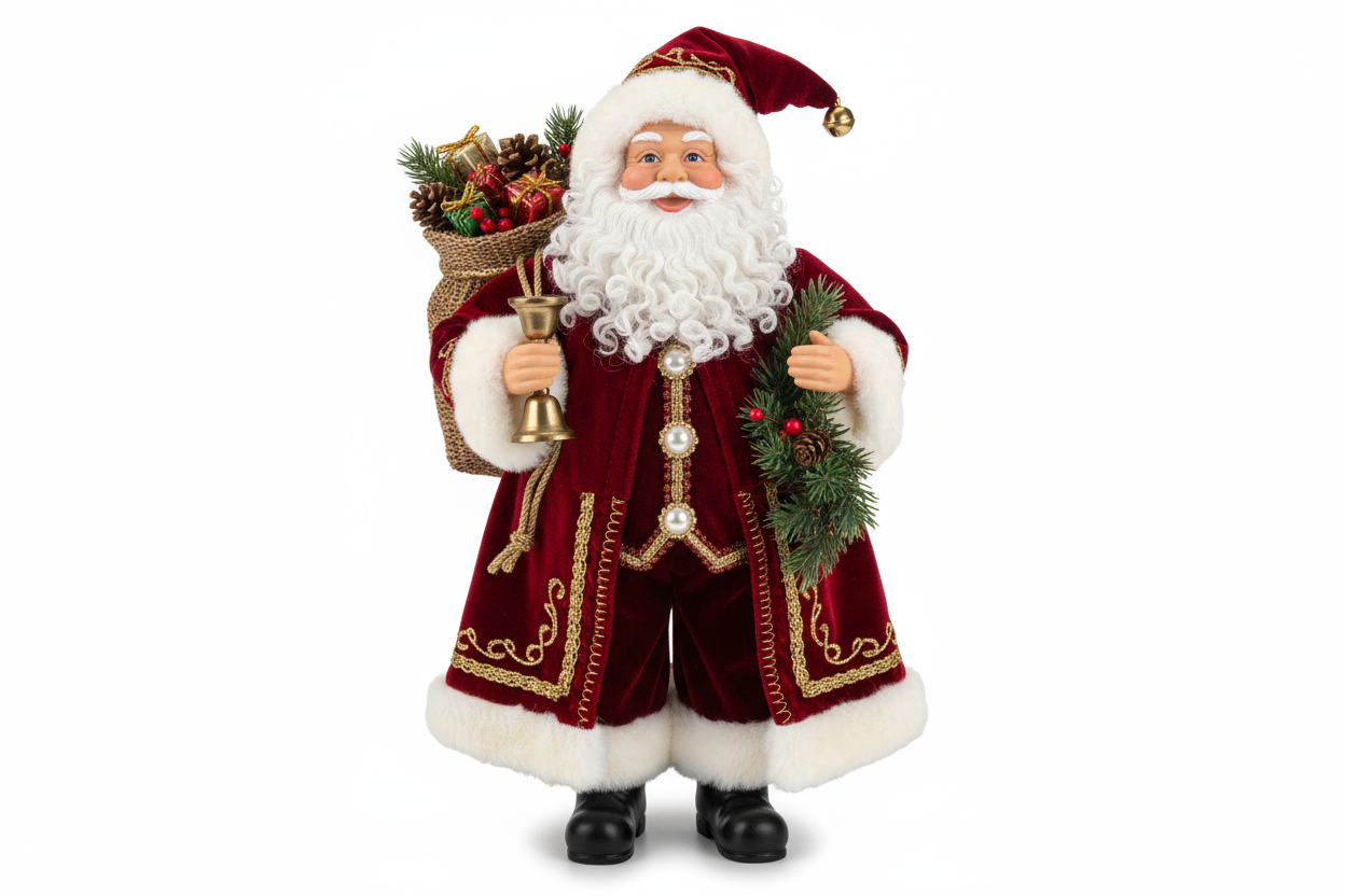 Crie uma imagem realista de um boneco Noel colecionável natalino exposto para venda em uma loja online. Mostre o boneco de corpo inteiro, centralizado, sobre um fundo branco puro (#ffffff) e com iluminação de estúdio suave, destacando seus detalhes e texturas.
O Noel deve ter aparência clássica e detalhada — barba branca fofa, roupas vermelhas com acabamento dourado, botas pretas e expressão simpática. Mostre elementos artesanais como costuras, botões e acessórios natalinos (sino, saco de presentes, guirlan
