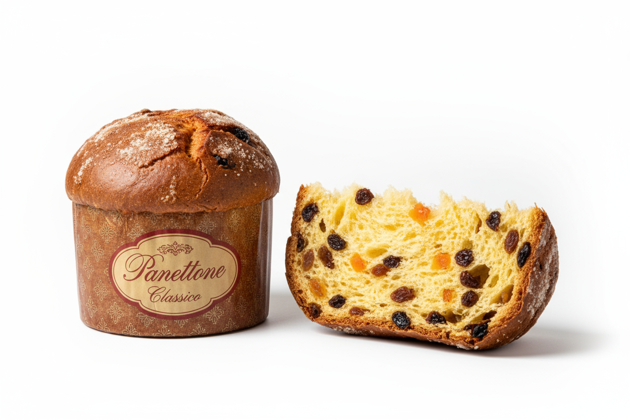 Crie uma imagem realista de um panetone tradicional exposto para venda em uma loja online. O panetone deve estar inteiro e também parcialmente fatiado, mostrando a textura macia e os pedaços de frutas cristalizadas e uvas-passas no interior. Fotografe em fundo branco puro com iluminação de estúdio suave e profissional. Destaque o brilho dourado da crosta e a embalagem de papel decorativo na base. Estilo de fotografia de produto com foco nítido e sombras leves, ideal para catálogo de e-commerce.
