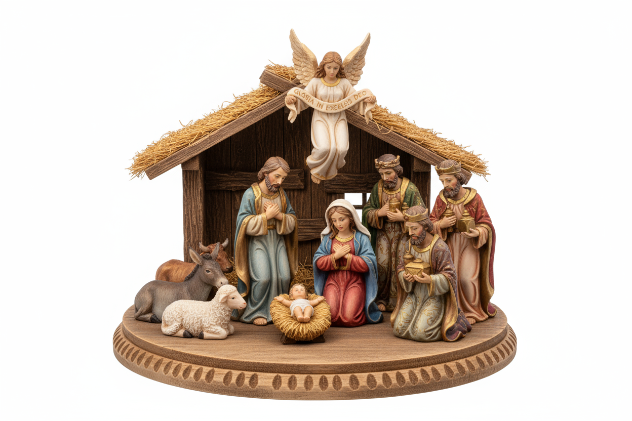 Crie uma imagem realista de um presépio natalino exposto para venda em uma loja online. Mostre o conjunto completo com as figuras tradicionais — Maria, José, o Menino Jesus, os Três Reis Magos, o anjo e os animais — dispostos harmonicamente sobre uma base decorativa. O cenário pode incluir um pequeno estábulo de madeira com palha e iluminação suave. Fotografe em fundo branco puro, com luz de estúdio que destaque as texturas, cores e detalhes das esculturas. O estilo deve ser de fotografia de produto com foc