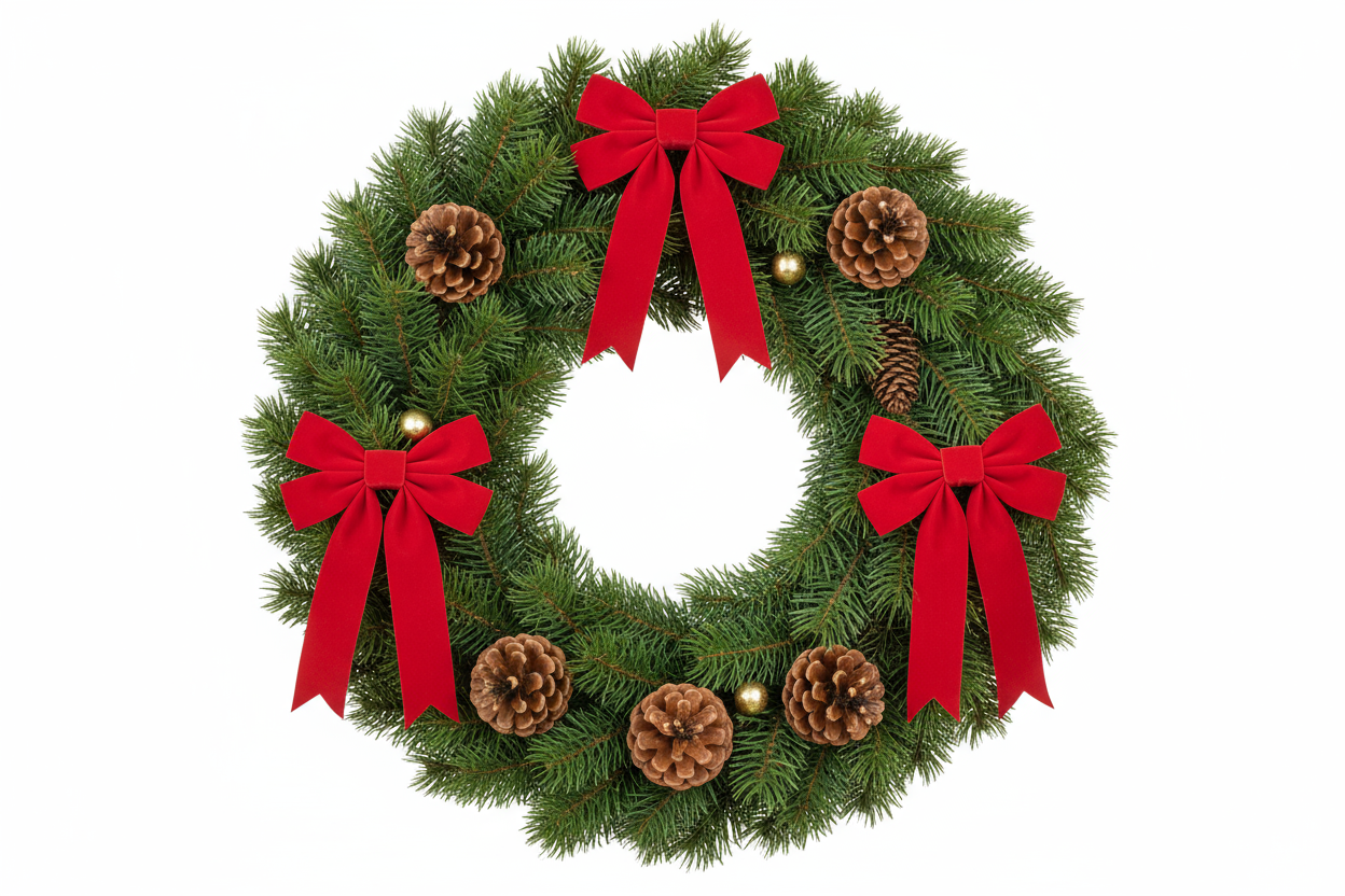 Crie uma imagem realista de uma guirlanda de Natal decorativa exposta para venda em uma loja online. A guirlanda deve ser feita com ramos verdes, pinhas, laços vermelhos e pequenos enfeites dourados. Fotografe em fundo branco puro, com iluminação de estúdio suave que realce as texturas e os detalhes dos materiais. O estilo deve ser de fotografia de produto, com foco nítido, sombras leves e cores vibrantes, transmitindo sensação de elegância e qualidade. Ideal para catálogo de e-commerce e campanhas natalina