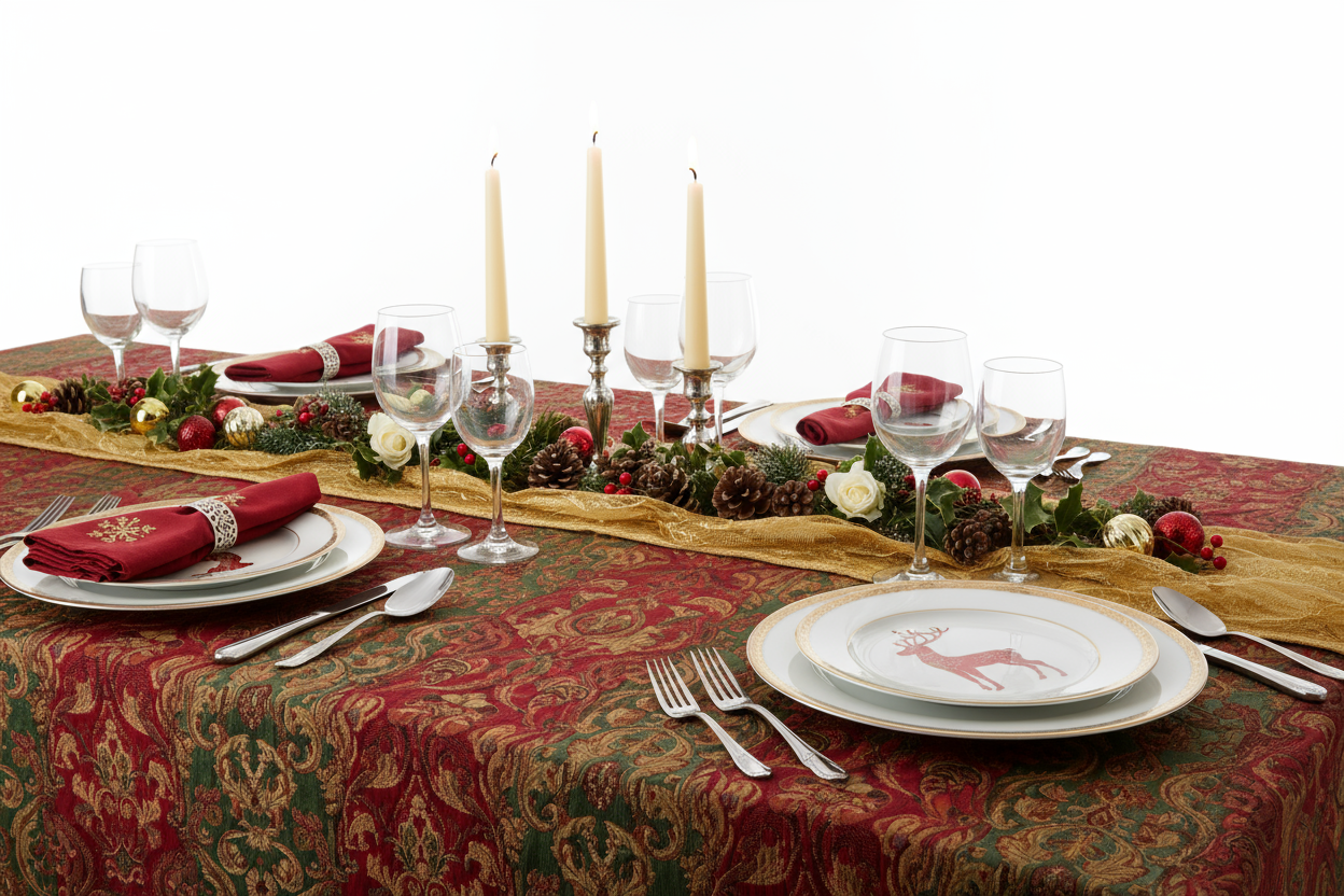 Crie uma imagem realista de uma mesa posta com tema natalino, montada para venda em uma loja online. A mesa deve estar decorada com toalha ou trilho natalino, pratos, taças, talheres e guardanapos com cores tradicionais de Natal (vermelho, dourado, verde). Inclua detalhes elegantes como velas, pinhas, pequenos arranjos e enfeites de Natal, transmitindo aconchego e sofisticação. Fotografe em fundo branco puro ou cenário neutro com iluminação de estúdio suave, destacando a textura dos materiais e o brilho dos