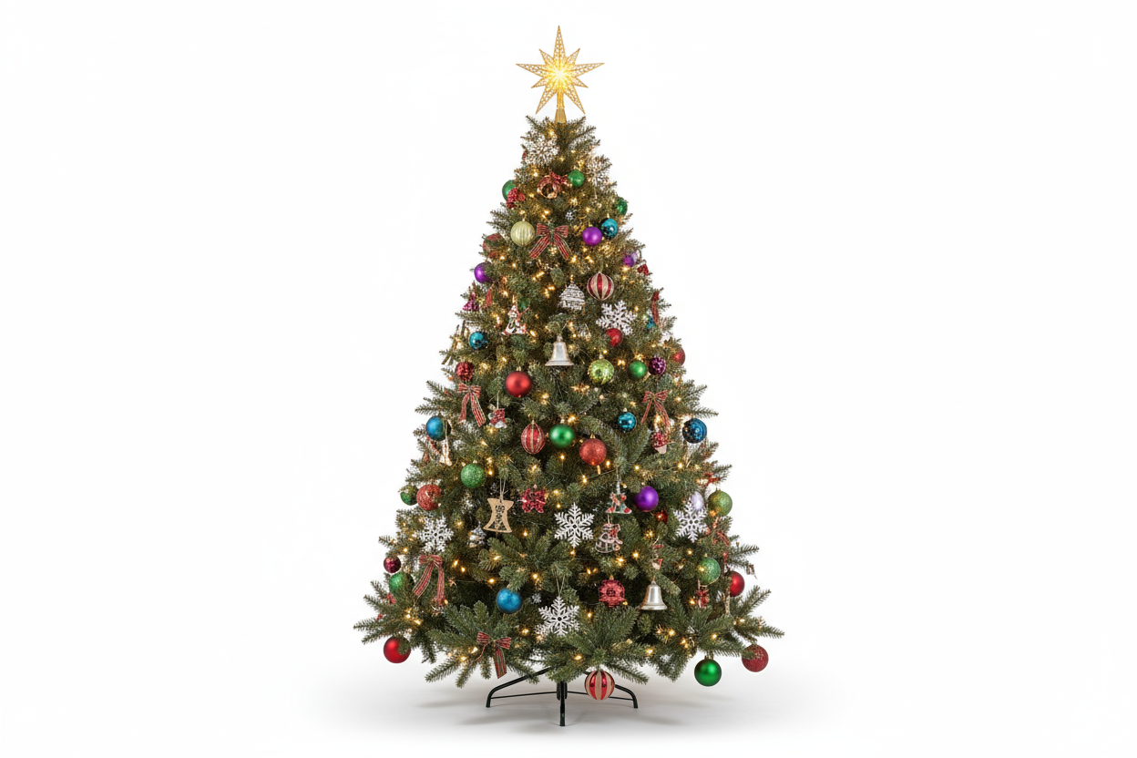 Crie uma imagem realista de uma árvore de Natal decorada, fotografada para catálogo de loja online. A árvore deve estar completamente montada, com ornamentos coloridos, luzes natalinas acesas e uma estrela dourada no topo. Fundo branco puro e iluminação de estúdio profissional, destacando a textura dos galhos e o brilho dos enfeites. Estilo de fotografia de produto com foco nítido, alta definição e sombras suaves. A imagem deve transmitir qualidade e elegância, ideal para e-commerce.
Parâmetros adicionais