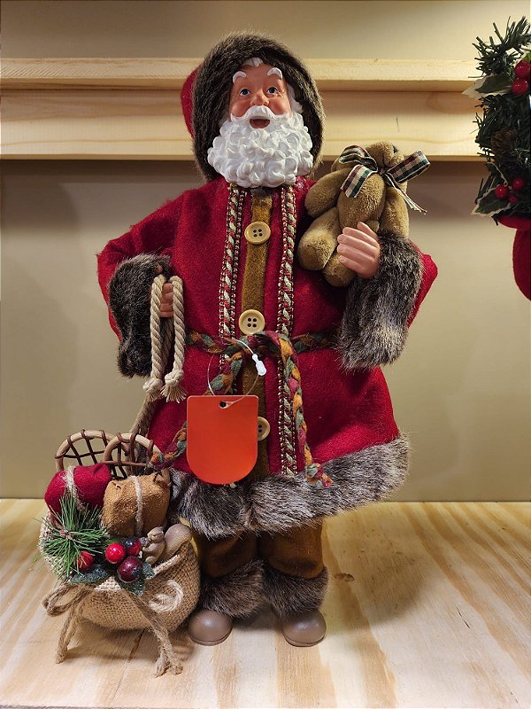 PAPAI NOEL COM SACO DE PRESENTE E URSO 40CM