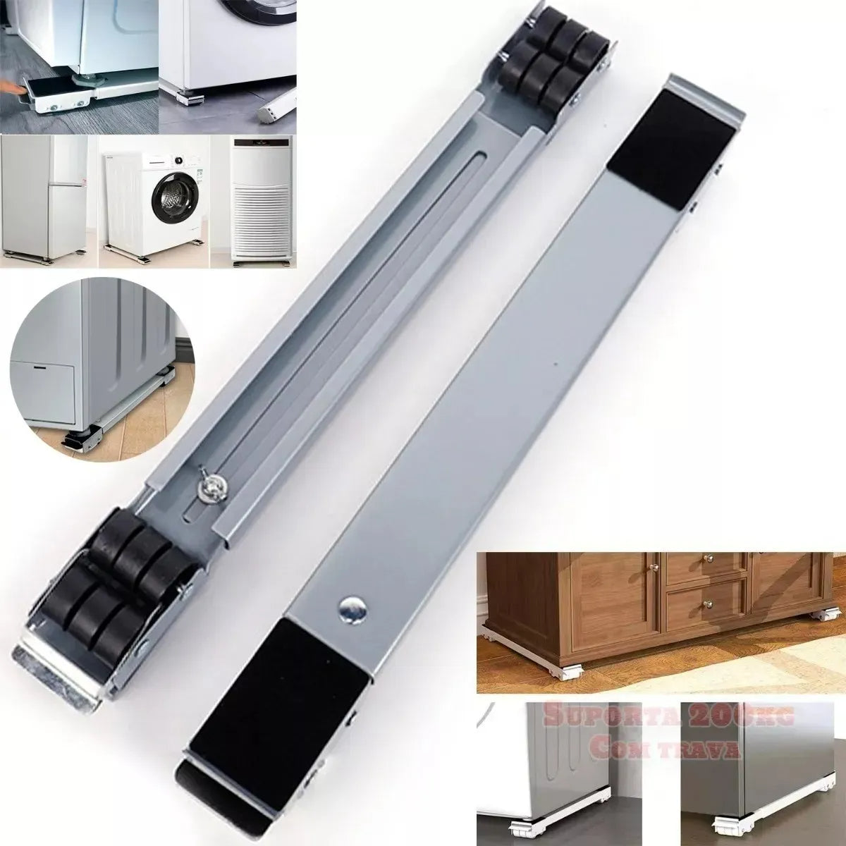 Base Suporte com Rodinhas para Geladeira e Máquina de Lavar – Branco/Preto