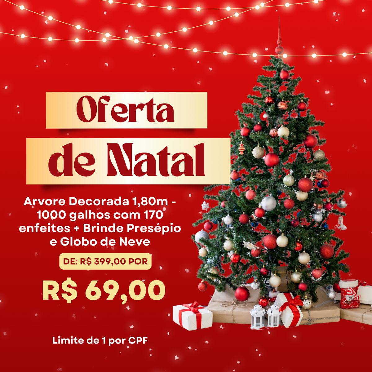 Árvore de Natal Tradicional 1,80m Decorada com 1000 Galhos + 170 Enfeites + Brinde Presépio e Globo de Neve