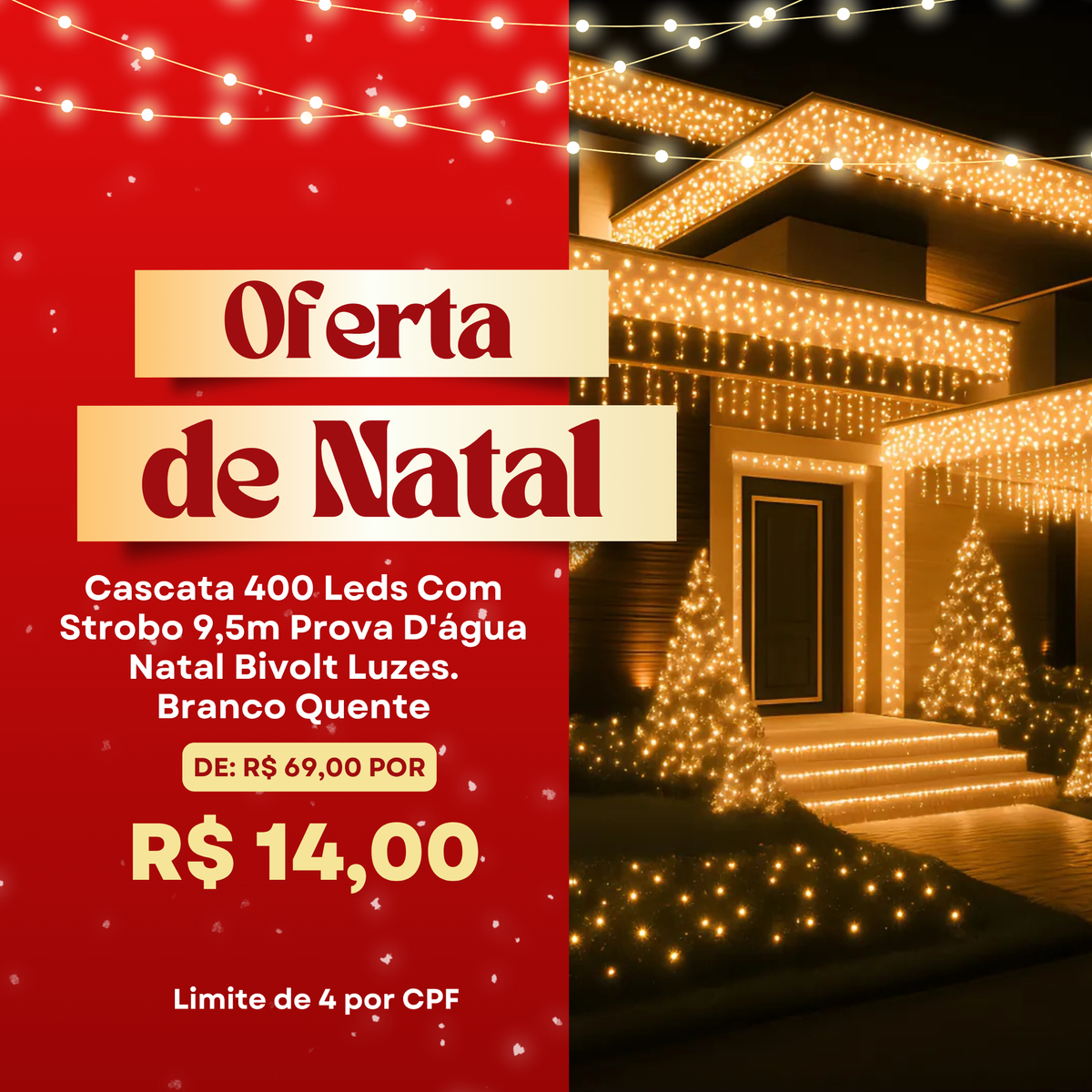 Cascata 400 LEDs Natalina – Branco Quente | 9,5m à Prova D’água