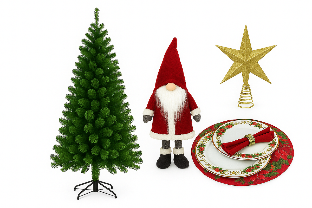 Compre 1 Árvore de Natal Tradicional 1,80m e Ganhe Noel Colecionável + Jogo de Mesa Natalina + Estrela Decorativa | Kit Natal Premium 2025