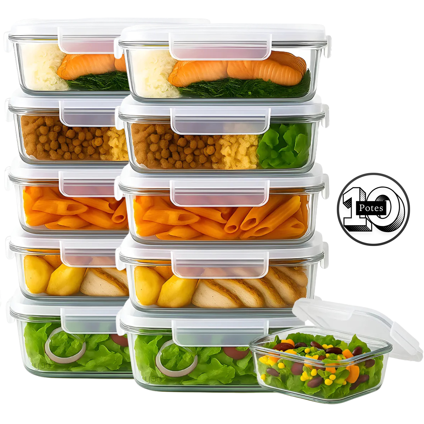 Kit 10 Potes de Vidro 640ml Hermético Marmita Fit com Tampa 4 Travas Oliver Home