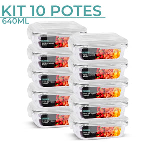 Kit 10 Potes de Vidro 640ml Hermético Marmita Fit com Tampa 4 Travas Oliver Home