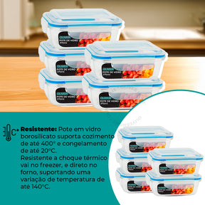 Kit 10 Potes de Vidro 640ml Hermético Marmita Fit com Tampa 4 Travas Oliver Home