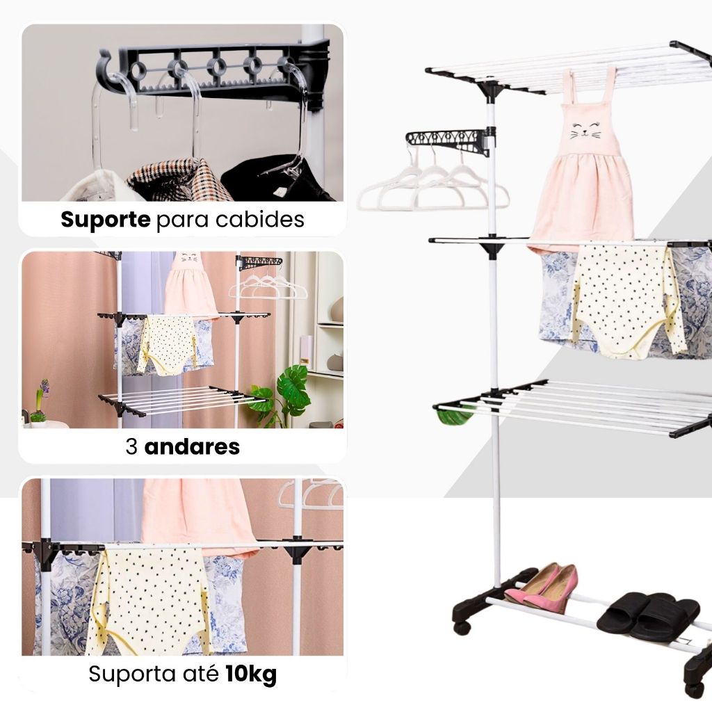 Varal De Chão Roupa Calcinha Grade 3 Andares Dobrável Portátil