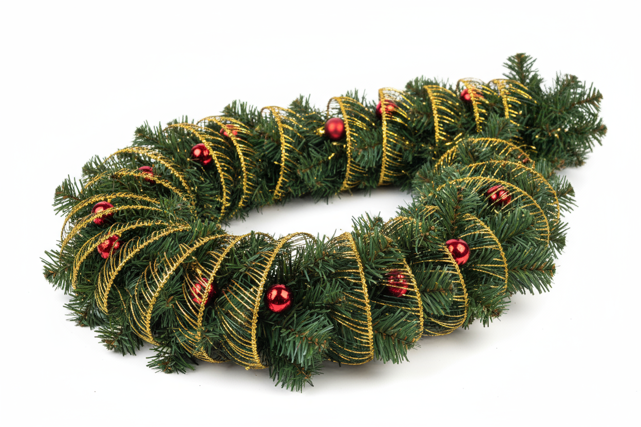 Crie uma imagem realista de um festão de Natal decorativo exposto para venda em uma loja online. Mostre o festão enrolado de forma organizada ou parcialmente estendido, feito com ramos verdes, fios dourados e pequenos enfeites vermelhos. Fotografe em fundo branco puro, com iluminação de estúdio suave que destaque o brilho metálico e a textura das folhas e fios. O estilo deve ser de fotografia de produto, com foco nítido, sombras leves e aparência profissional, ideal para catálogo de e-commerce.