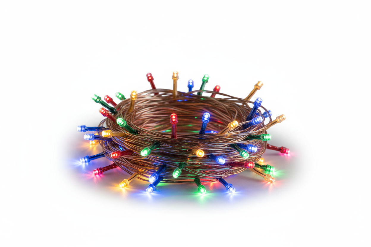 Crie uma imagem realista de um pisca LED natalino exposto para venda em uma loja online. Mostre o cordão de luzes de LED ccoloridos  enrolado de forma organizada ou parcialmente estendido, com algumas lâmpadas acesas emitindo luz quente e suave. Fotografe em fundo branco puro, com iluminação de estúdio que realce o brilho das luzes e a textura do fio. O estilo deve ser de fotografia de produto, com foco nítido, sombras leves e aspecto limpo, ideal para catálogo de e-commerce.