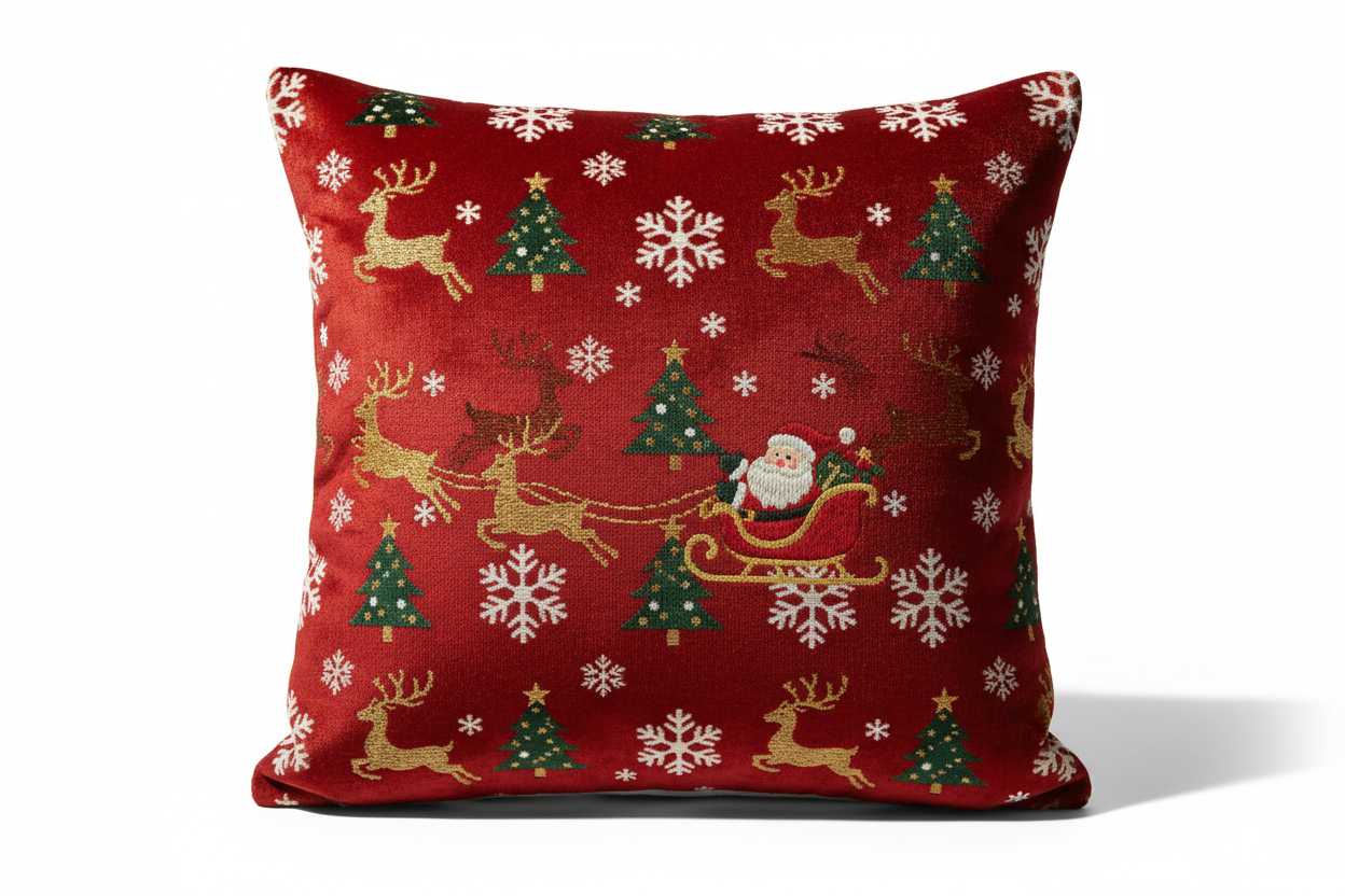 Crie uma imagem realista de uma capa de almofada natalina exposta para venda em uma loja online. Mostre a almofada posicionada de frente, bem centralizada, sobre um fundo branco puro e com iluminação de estúdio suave. A estampa deve ter tema de Natal — como flocos de neve, árvores, renas, Papai Noel ou padrões vermelhos, dourados e verdes. Destaque as texturas do tecido (ex: algodão, linho ou veludo) e o acabamento das costuras. O estilo deve ser de fotografia de produto, com foco nítido, sombras leves e ap