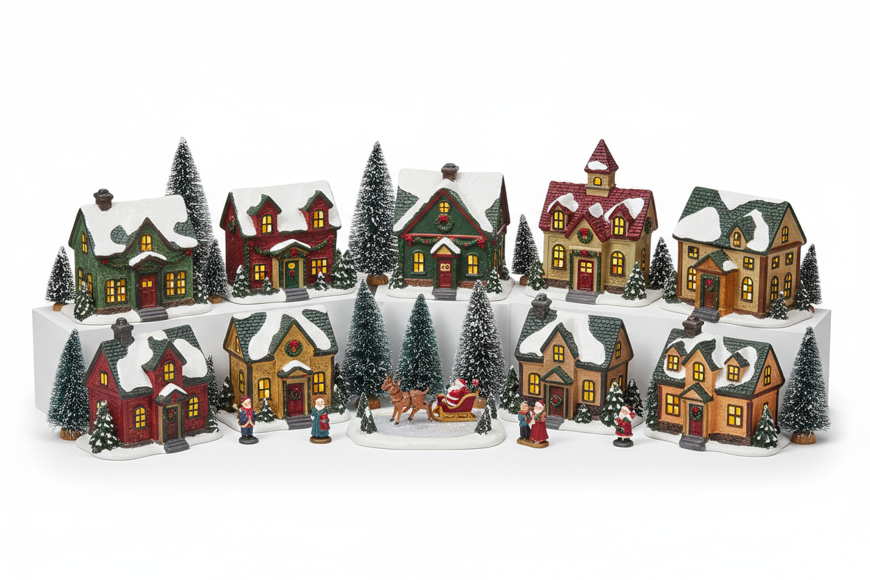 Crie uma imagem realista de uma vila natalina colecionável exposta para venda em loja online.
Mostre miniaturas de casas, árvores e bonecos natalinos dispostas de forma harmoniosa sobre um fundo branco puro (#ffffff), bem iluminado com luz de estúdio suave.
As casinhas devem ter telhados cobertos de neve, janelas iluminadas e detalhes delicados em vermelho, verde e dourado.
Destaque as texturas e acabamentos das miniaturas (porcelana, resina, cerâmica ou madeira).
O estilo deve ser fotografia de produto lim