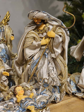 PRESÉPIO RESINA 7 PEÇAS AZUL E CHAMPANHE 15CM