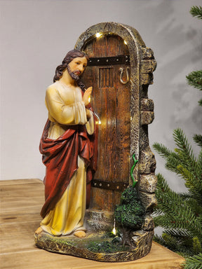 JESUS BATENDO NA PORTA EM RESINA COM LED 30CM