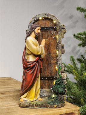 JESUS BATENDO NA PORTA EM RESINA COM LED 30CM