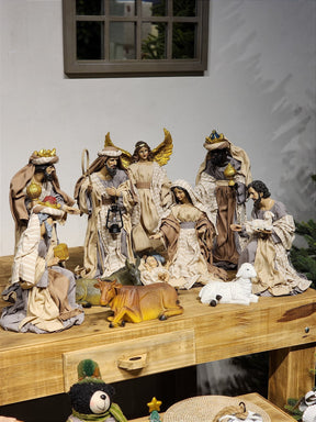 PRESÉPIO EM RESINA COM TECIDO NATURAL COM 11 PEÇAS 40CM