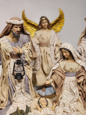 PRESÉPIO EM RESINA COM TECIDO NATURAL COM 11 PEÇAS 40CM