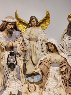 PRESÉPIO EM RESINA COM TECIDO NATURAL COM 11 PEÇAS 40CM