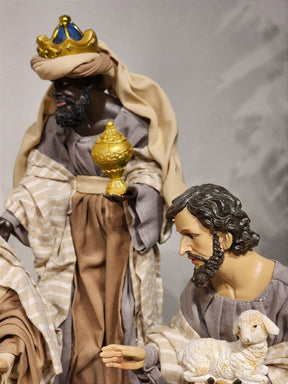 PRESÉPIO EM RESINA COM TECIDO NATURAL COM 11 PEÇAS 40CM