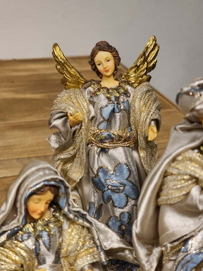 PRESÉPIO RESINA 7 PEÇAS AZUL E CHAMPANHE 15CM