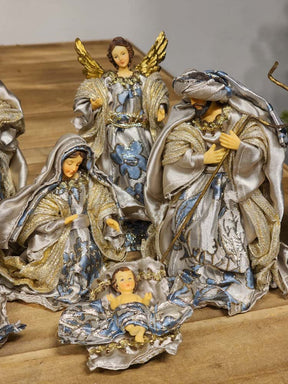 PRESÉPIO RESINA 7 PEÇAS AZUL E CHAMPANHE 15CM