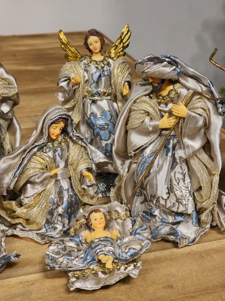 PRESÉPIO RESINA 7 PEÇAS AZUL E CHAMPANHE 15CM