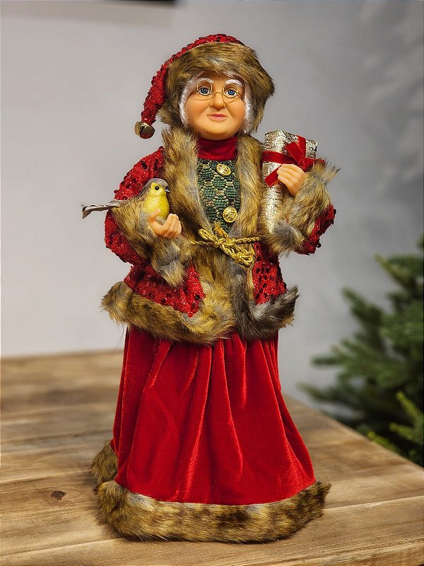 MAMÃE NOEL EM PÉ VERMELHO COM PÁSSARO 45CM